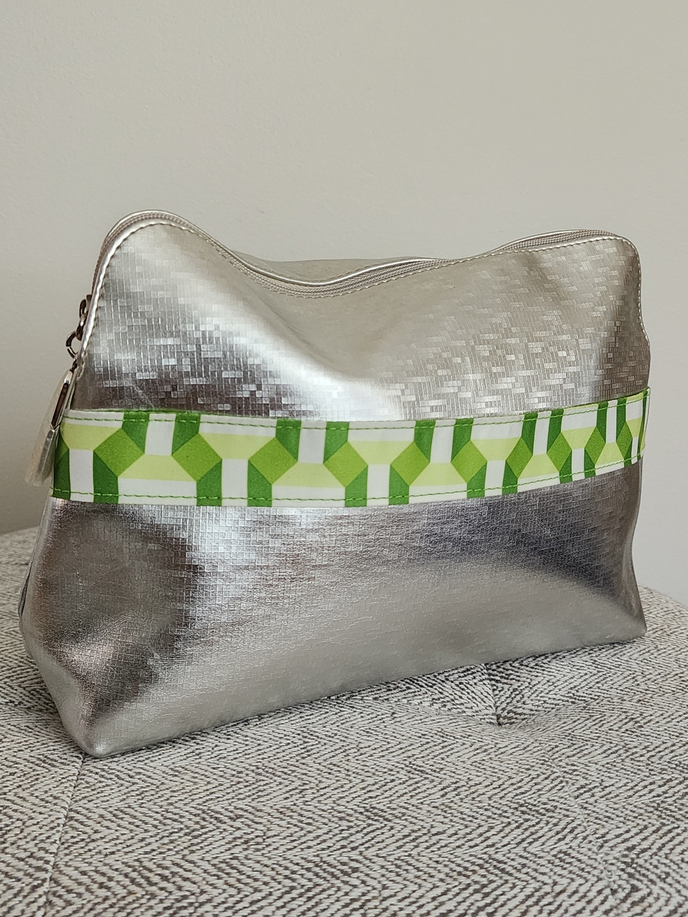 NWT Clinique Silver Metallic Large Cosmetic Pouch with Green Geometric Accent